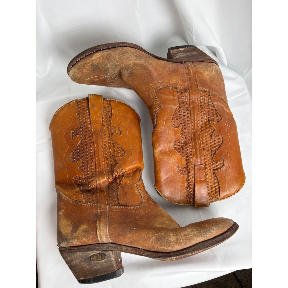 Circle‎ S Vintage Mens Tan Leather Cowboy Boots Woven Detail Brazil 24053 10.5 D